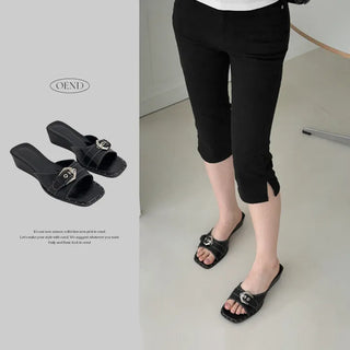 Square Bold Buckle Strap Wedge Sandal Slippers