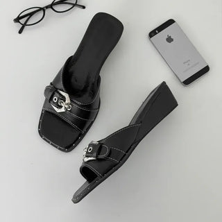 Square Bold Buckle Strap Wedge Sandal Slippers