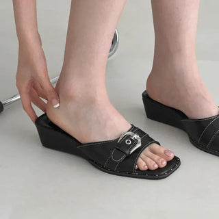 Square Bold Buckle Strap Wedge Sandal Slippers