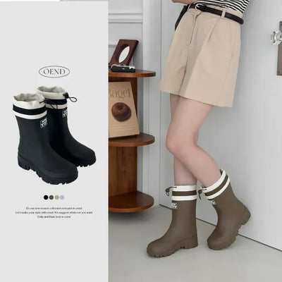 Round String Chunky Platform Mid-heel Rain Boots