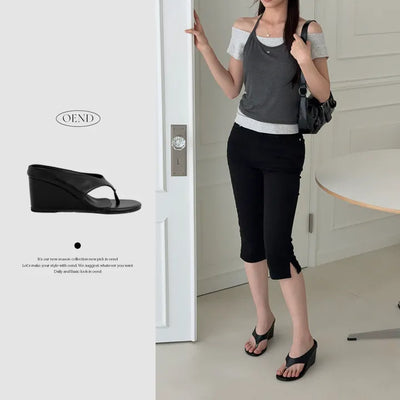Leather Flip-flop Wedge Heel Sandals