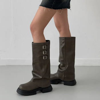 Leather Leg Warmer Buckle Platform Mid-calf & Long Boots