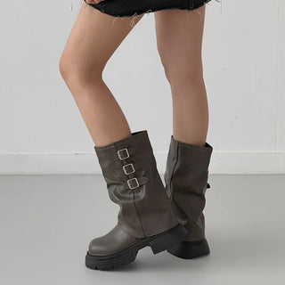 Leather Leg Warmer Buckle Platform Mid-calf & Long Boots