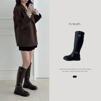 Round Buckle Rider Diagonal Cut Platform Long Boots