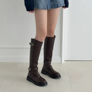 Round Buckle Rider Diagonal Cut Platform Long Boots