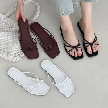 Square Slim Fit Twisted Strap Flat Slipper Sandals