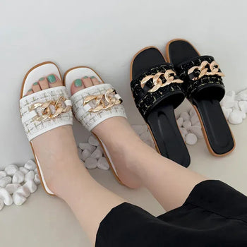 Tweed Chain Point Flat Mule Slippers