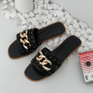 Tweed Chain Point Flat Mule Slippers
