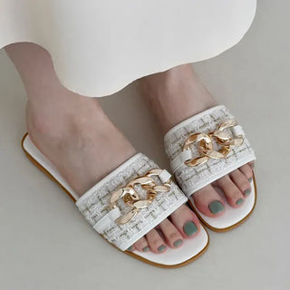 Tweed Chain Point Flat Mule Slippers