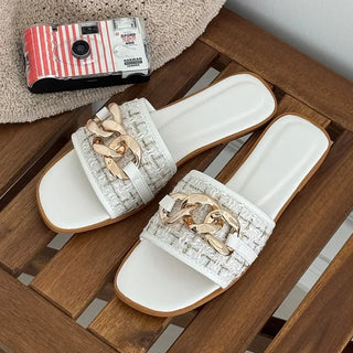 Tweed Chain Point Flat Mule Slippers