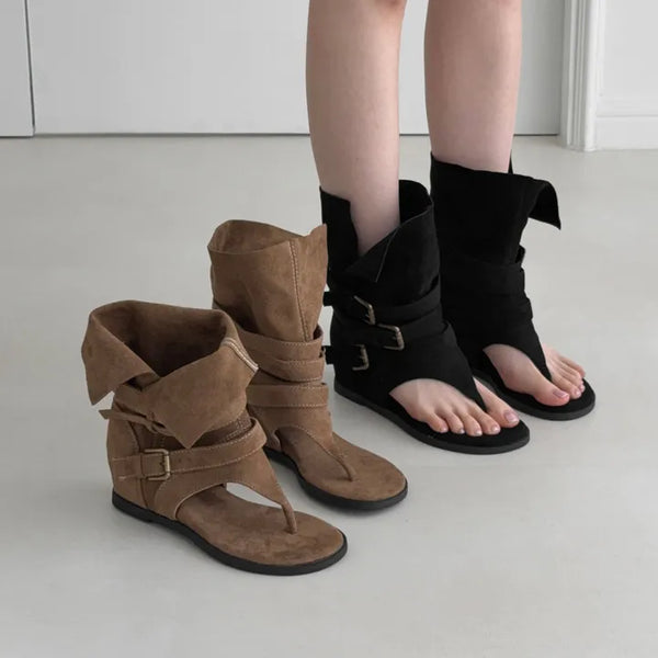 Suede Buckle Height-Increasing Wedge Flip-flop Boots