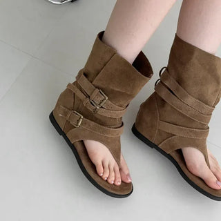 Suede Buckle Height-Increasing Wedge Flip-flop Boots