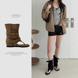 Suede Buckle Height-Increasing Wedge Flip-flop Boots