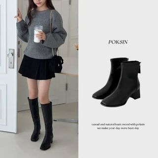 Back Zipper Square Platform Ankle Boots Long -2465&2466