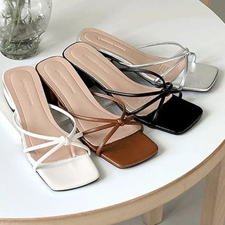 Color Twisted Strap Square Silver Mule Sandal Heel
