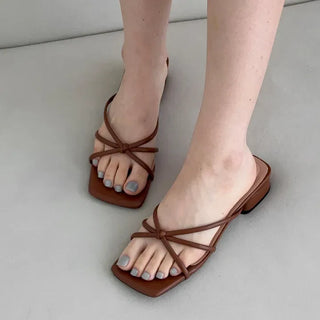 Color Twisted Strap Square Silver Mule Sandal Heel