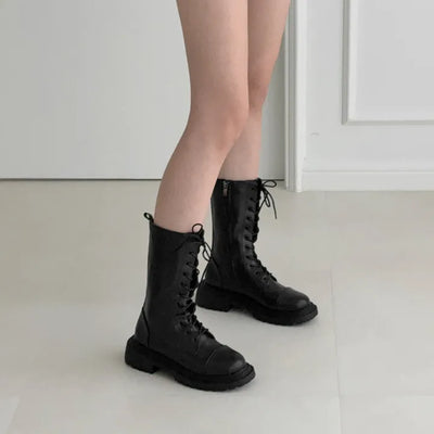 Lace-up Zipper Platform Boots Mid-heel Long Walker