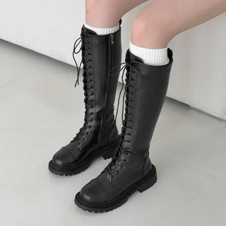 Lace-up Zipper Platform Boots Mid-heel Long Walker