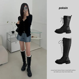Lace-up Zipper Platform Boots Mid-heel Long Walker