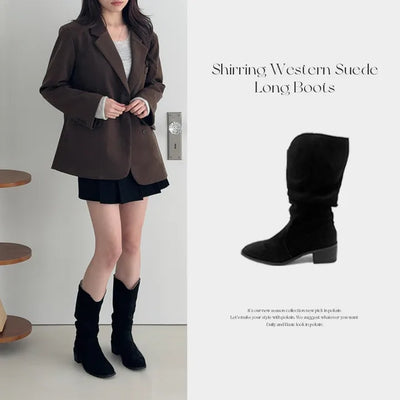 Shirred Western Suede Mid-calf Boots