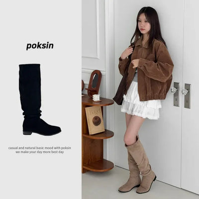 Suede Pleated Shirred Square Long Boots