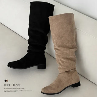 Suede Pleated Shirred Square Long Boots