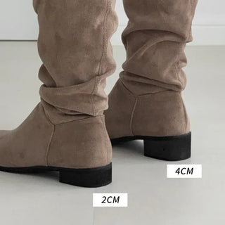 Suede Pleated Shirred Square Long Boots