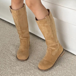 Suede Round-Toe Flat Long Boots