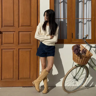 Suede Round-Toe Flat Long Boots