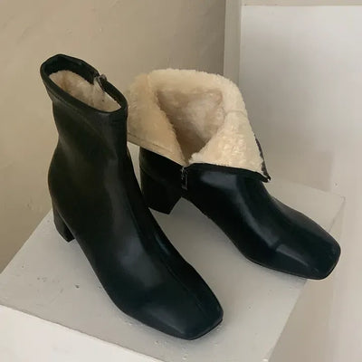 Square Platform Mink Fur Fleece-lined Ankle Boots