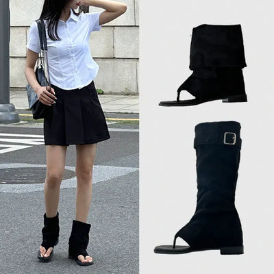 Suede Folding Buckle Strap Flip-flop Boots