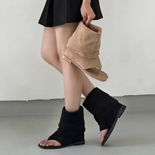 Suede Folding Buckle Strap Flip-flop Boots