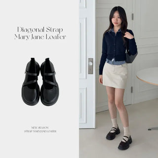 Rounded Toe Diagonal Strap Block Heel Mary Jane Loafers