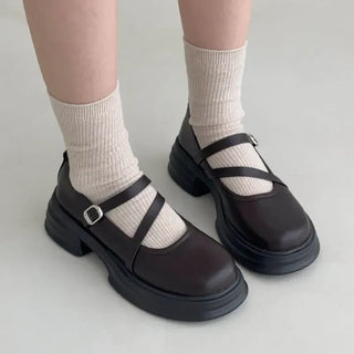 Rounded Toe Diagonal Strap Block Heel Mary Jane Loafers