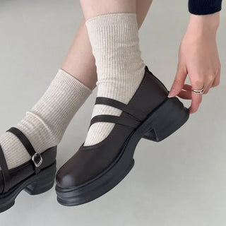 Rounded Toe Diagonal Strap Block Heel Mary Jane Loafers