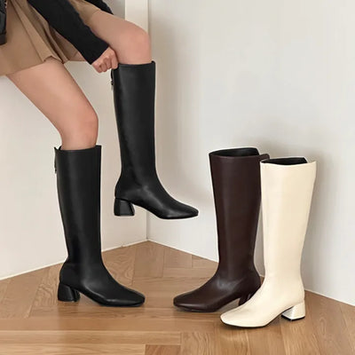 Square Back-Cut Zipper Platform Long Boots