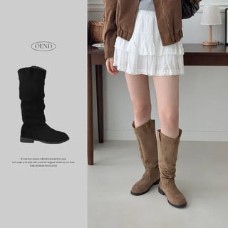 Rounded Toe Flat Suede Western Long Boots