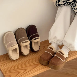 Rounded Toe Suede Shearling Platform UGG Fur Slippers