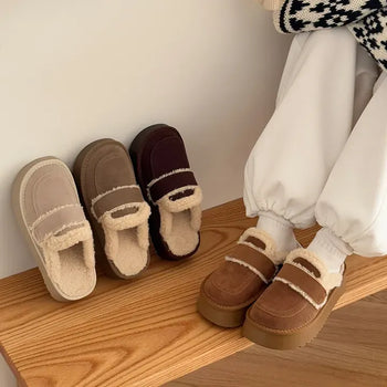 Rounded Toe Suede Shearling Platform UGG Fur Slippers