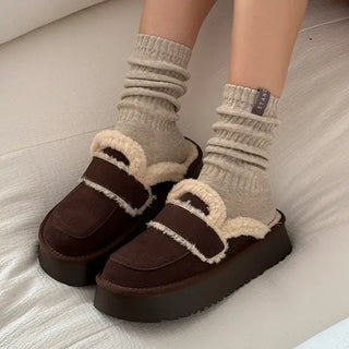 Rounded Toe Suede Shearling Platform UGG Fur Slippers