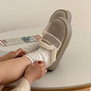 Rounded Toe Suede Shearling Platform UGG Fur Slippers