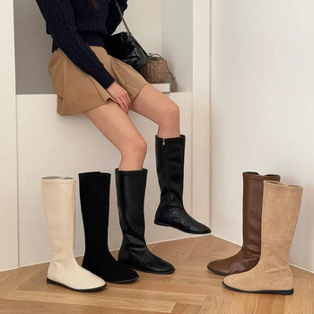 Suede Leather Round Side Zipper Flat Long Boots