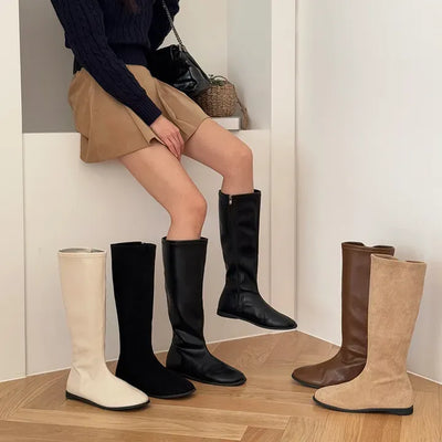Suede Leather Round Side Zipper Flat Long Boots
