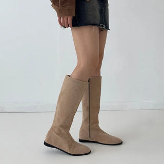 Suede Leather Round Side Zipper Flat Long Boots