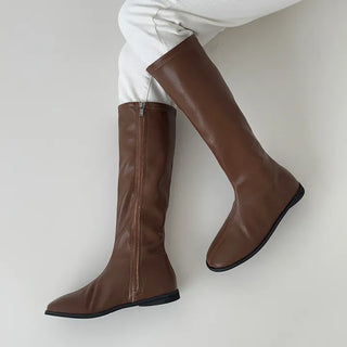 Suede Leather Round Side Zipper Flat Long Boots