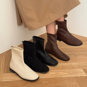 Square Suede Leather Back Zipper Flat Ankle Boots