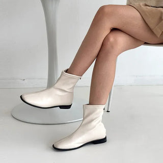 Square Suede Leather Back Zipper Flat Ankle Boots