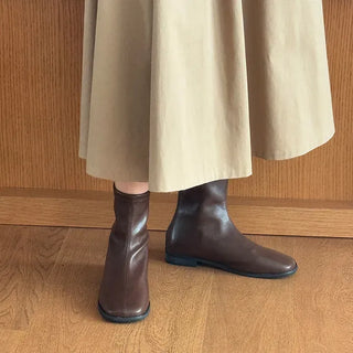 Square Suede Leather Back Zipper Flat Ankle Boots