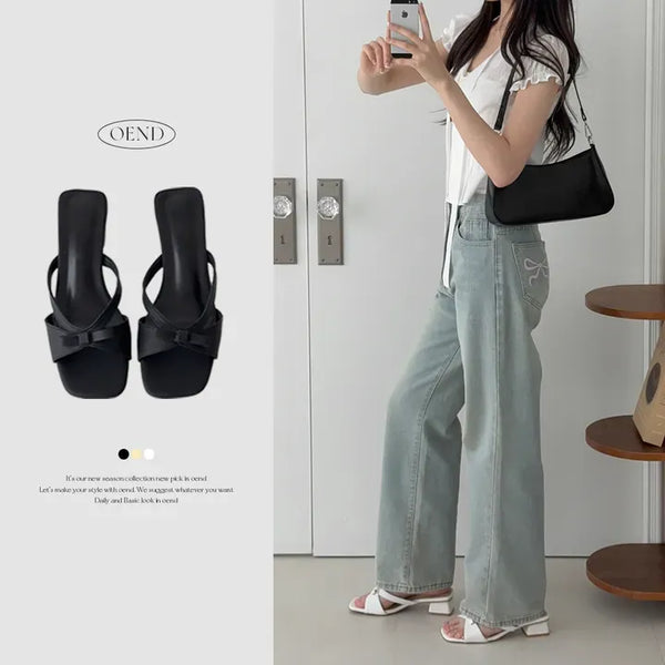 Ribbon Balletcore Square Platform Sandals Mule Slippers