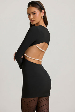 Pearl-Detail Cut-Out Mini Dress in Black
